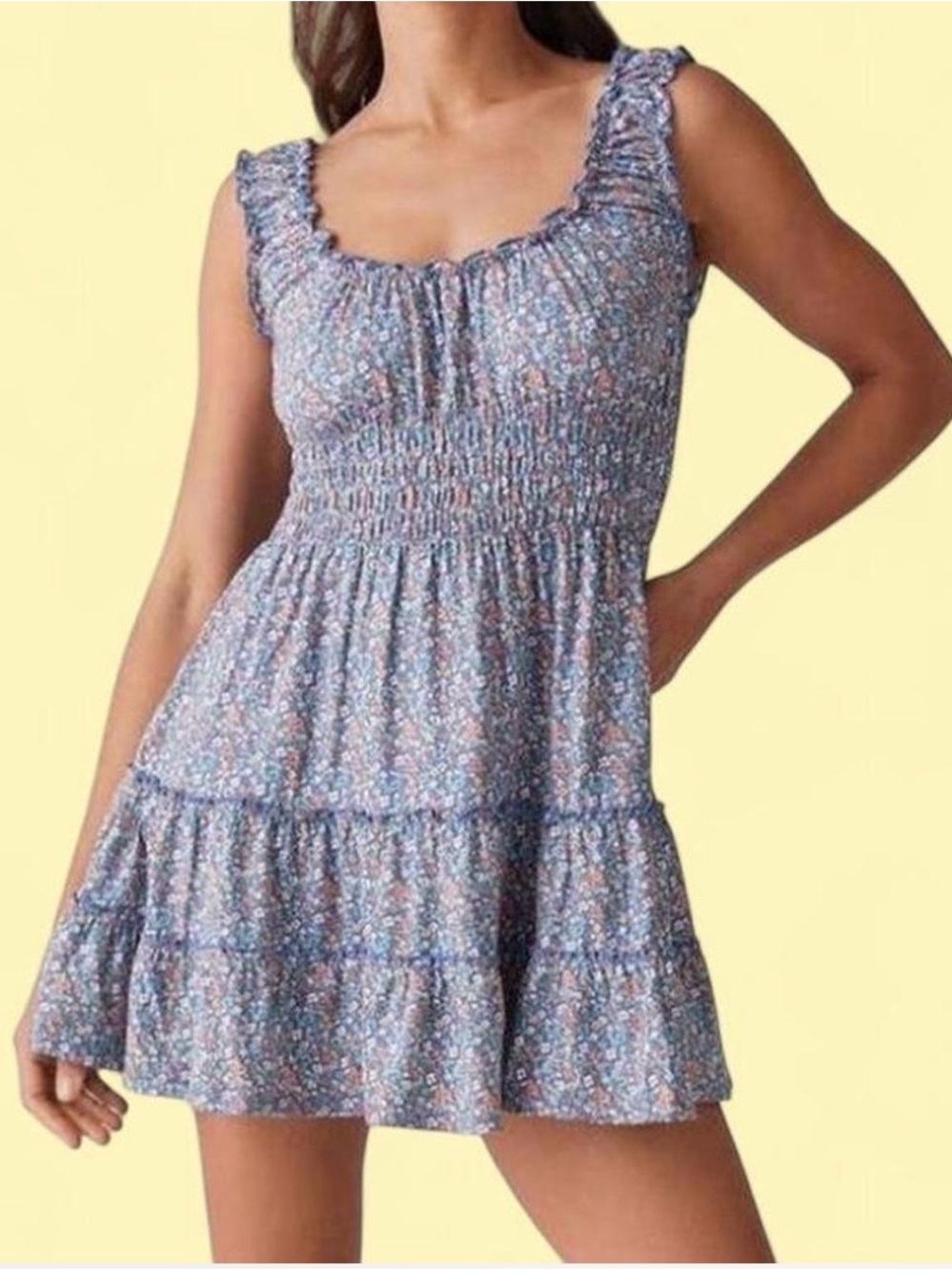 Urban Outfitters Blue Floral Smocked Tiered Mini Dress